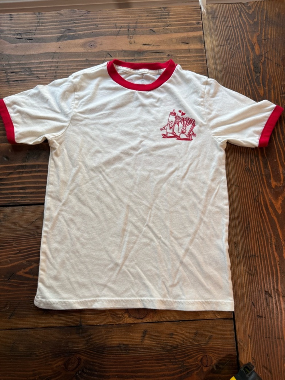 White & Red Ringer Tee with Graphic Pocket Print